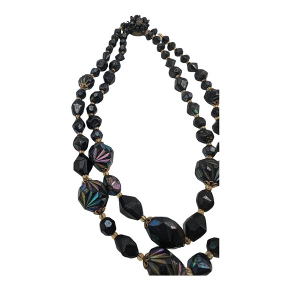 Vintage Western Germany Double-Strand Black Iridescent Bead Necklace Box Clasp - Picture 7 of 9